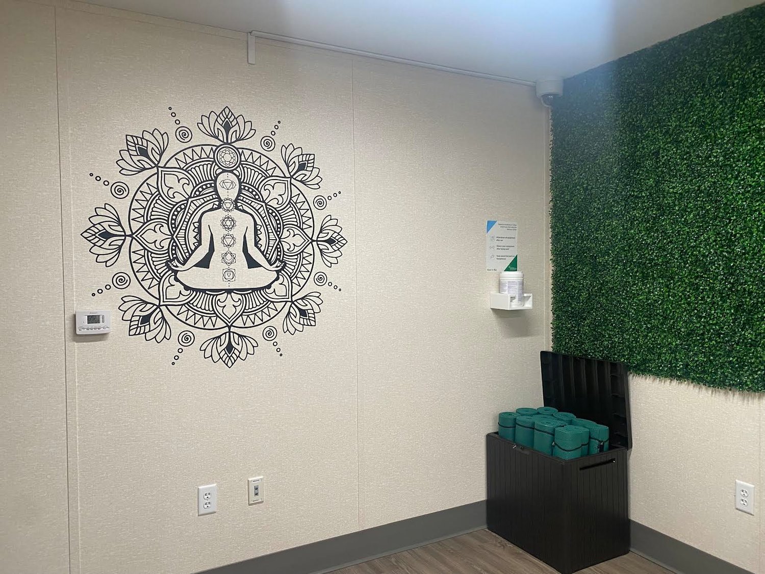 The new employee wellness center features a yoga studio with mats and blocks for employees to utilize.